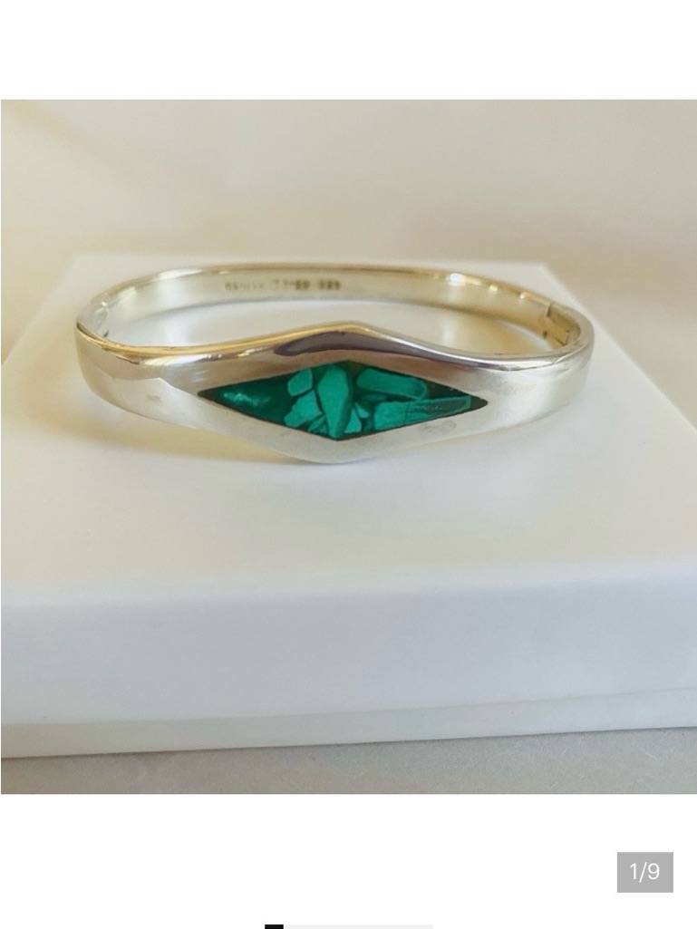 Sterling Silver Bracelet Hinged Clasp With Green Turquoise Inlay
